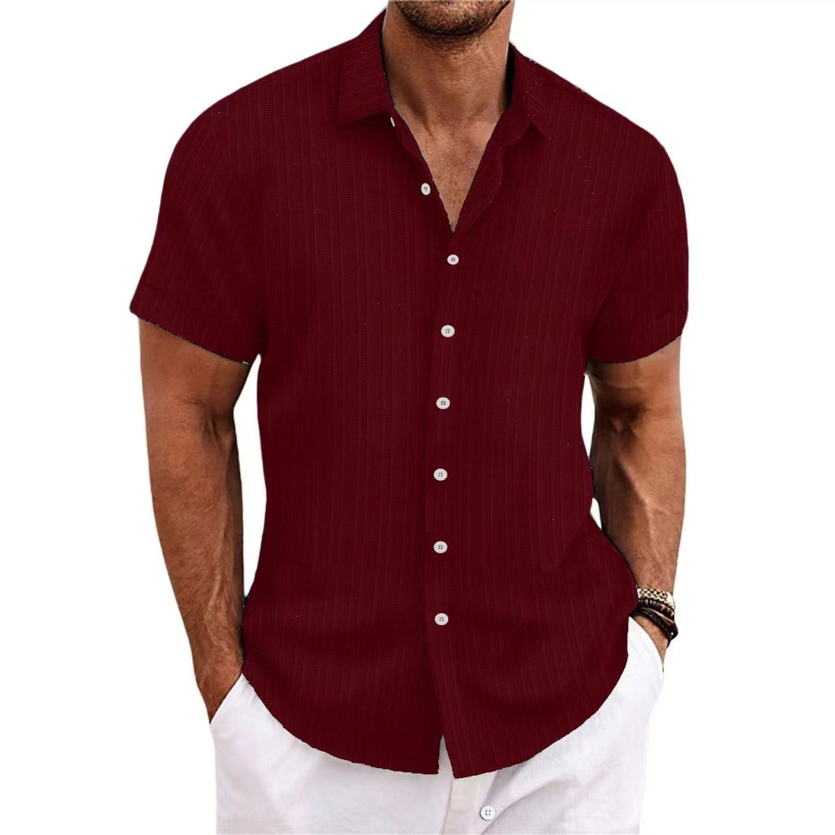 Cross-border Explosions Amazon AliExpress New Men's Cotton and Linen Striped Jacquard Casual Loose Short-sleeved Shirt