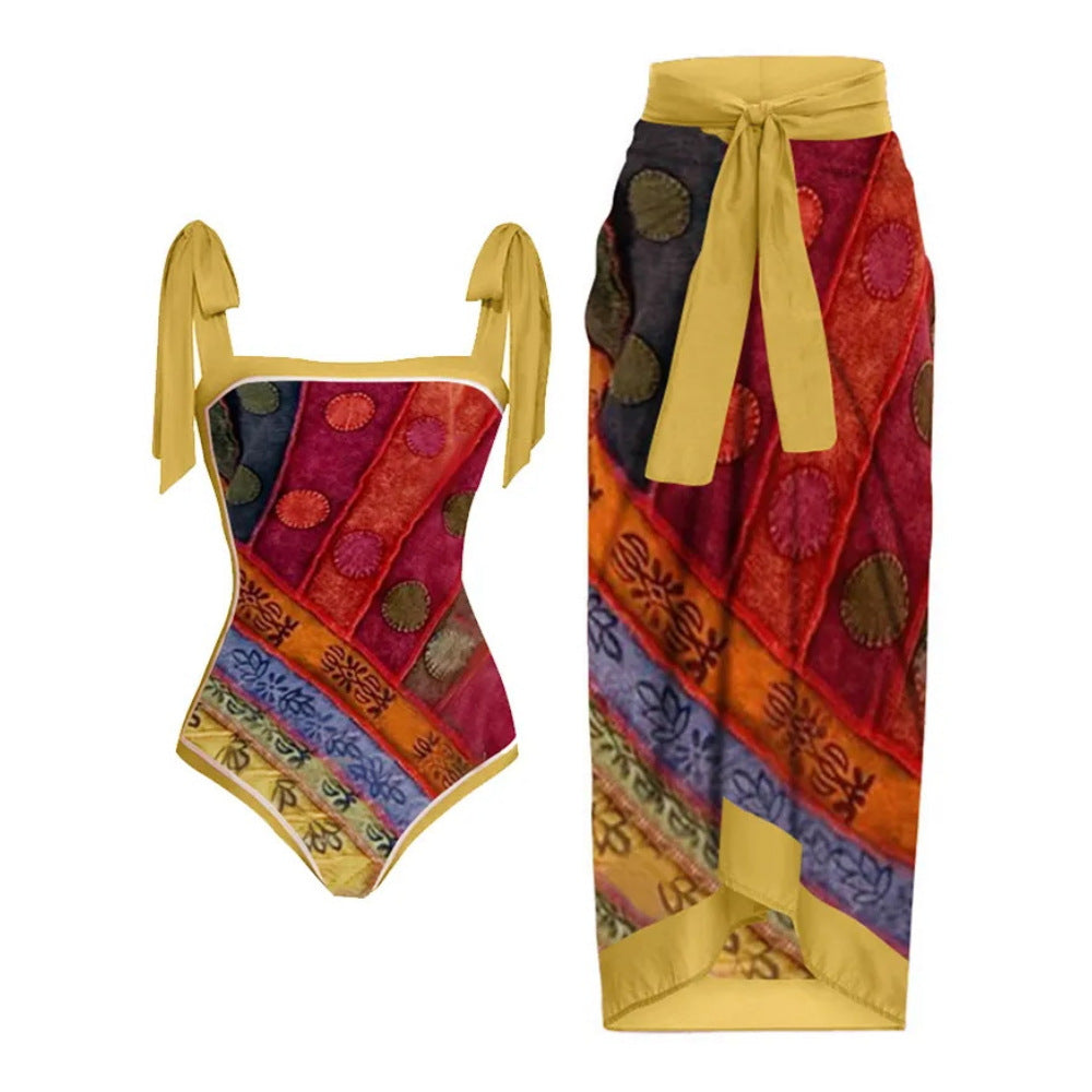 2023 Amazon New One-piece Swimsuit Multicolor Printed Hip Gauze Skirt Anti-glare Two-piece Sunscreen Swimsuit for Women