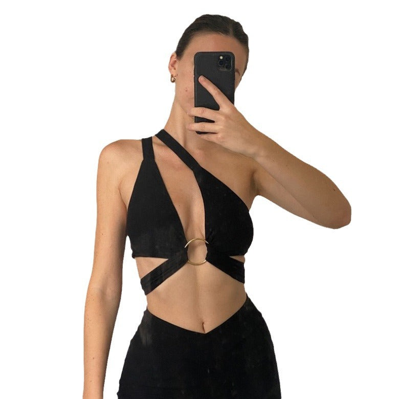 2023 Summer Sexy European and American Fashion Solid Color Strap Small Vest Exhipired Waist and Navel Hanging Neck Wear More Halter Shirt