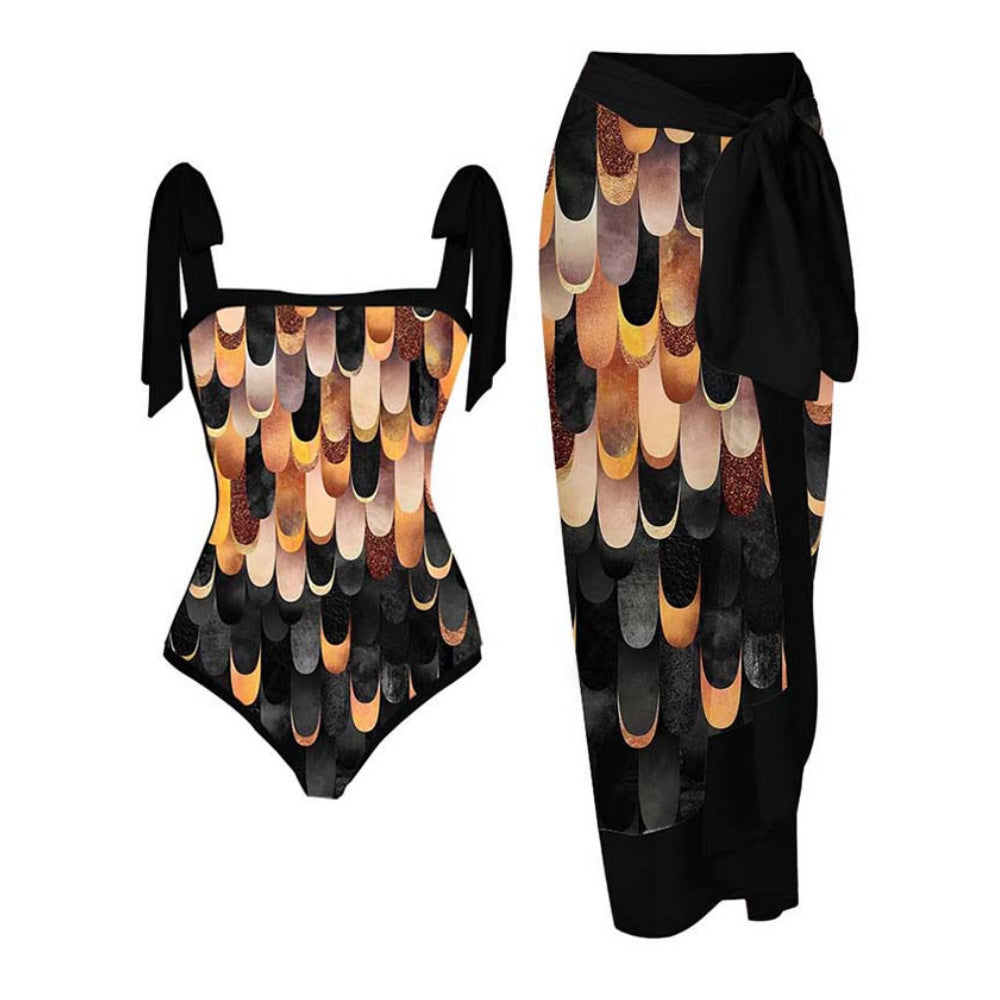 2023 Amazon New One-piece Swimsuit Multicolor Printed Hip Gauze Skirt Anti-glare Two-piece Sunscreen Swimsuit for Women