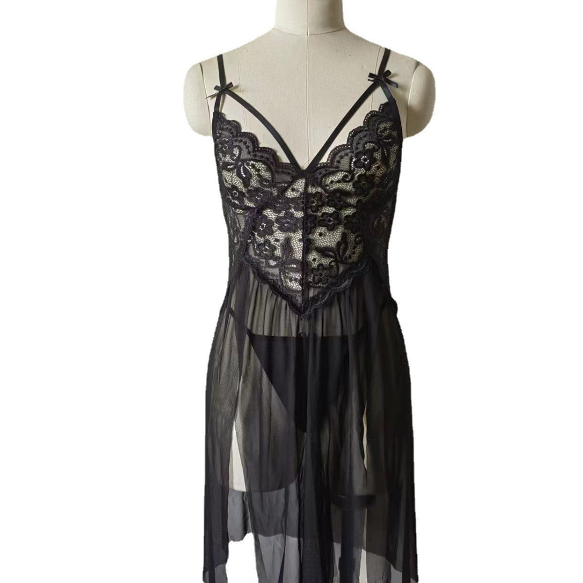 European and American Sexy Lingerie Wholesale Women's Sexy Lace Mesh Splicing Suspenders Slit Breast-Exposing Long Skirt Nightgown