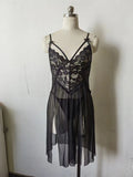European and American Sexy Lingerie Wholesale Women's Sexy Lace Mesh Splicing Suspenders Slit Breast-Exposing Long Skirt Nightgown