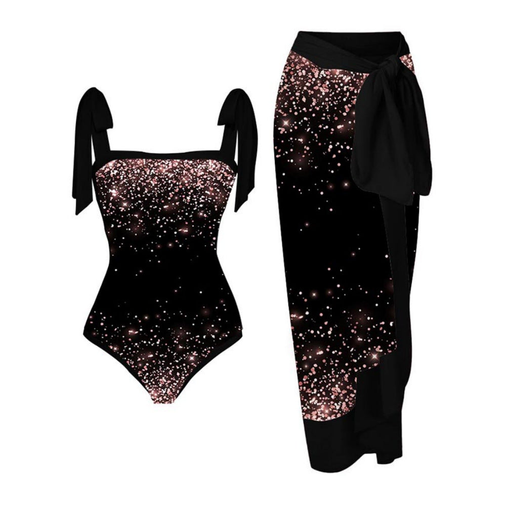 2023 Amazon New One-piece Swimsuit Multicolor Printed Hip Gauze Skirt Anti-glare Two-piece Sunscreen Swimsuit for Women