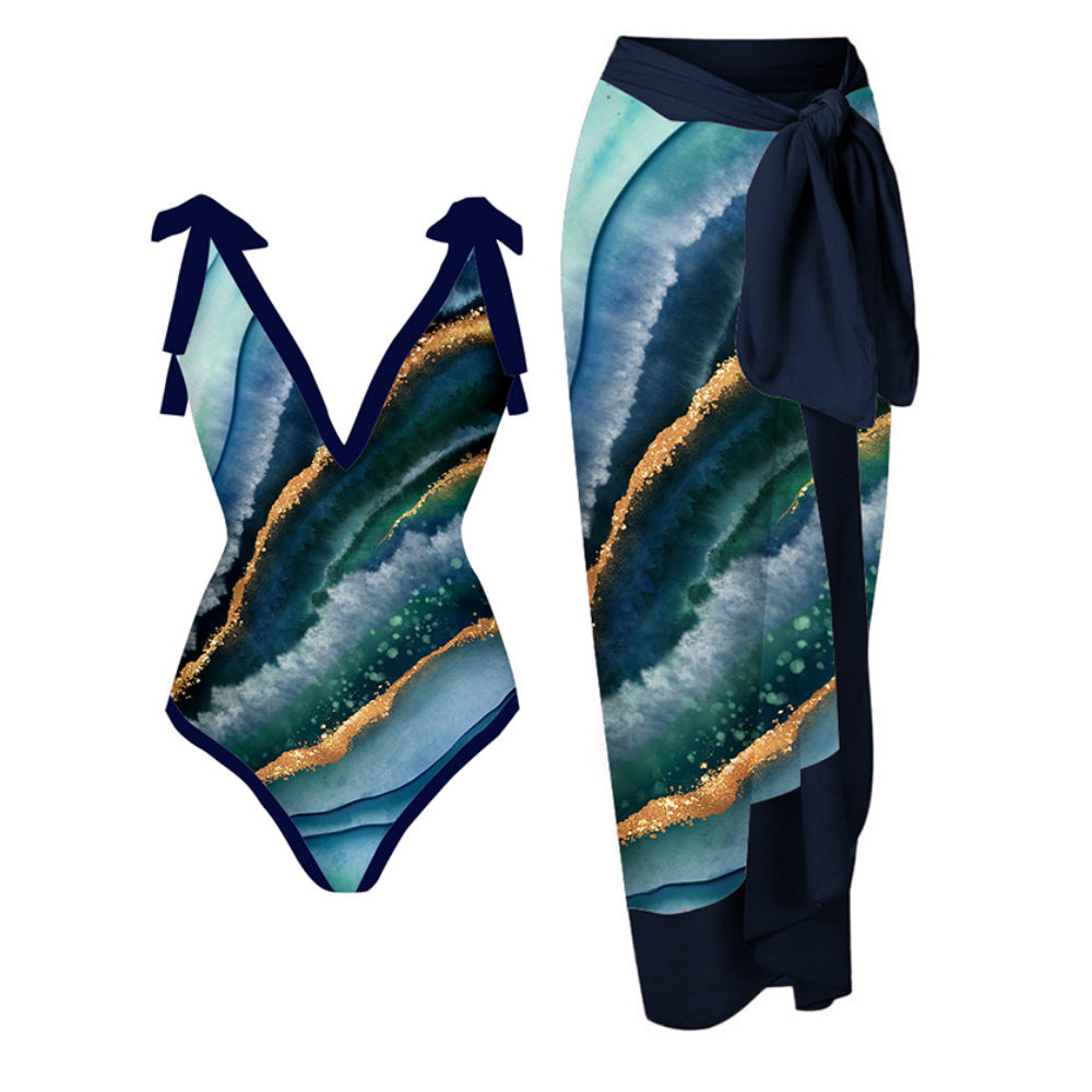 2023 Amazon New One-piece Swimsuit Multicolor Printed Hip Gauze Skirt Anti-glare Two-piece Sunscreen Swimsuit for Women