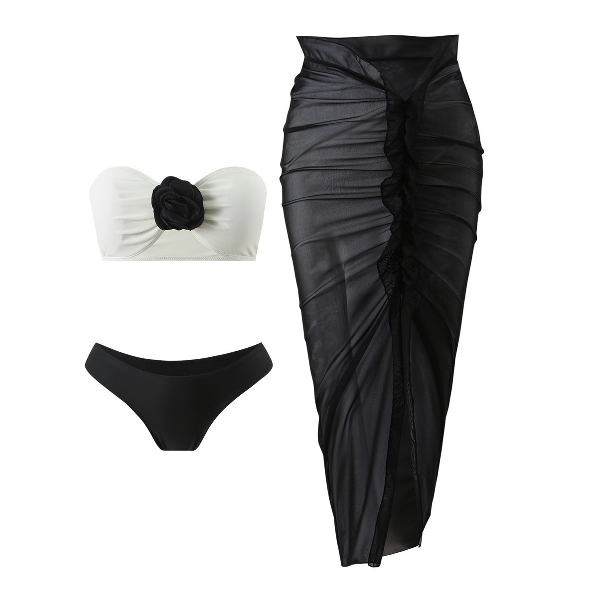 2025 European and American Color Matching Sexy New Rose Three-Piece Mesh Long Skirt Swimsuit Swimsuit Bikini Bikini