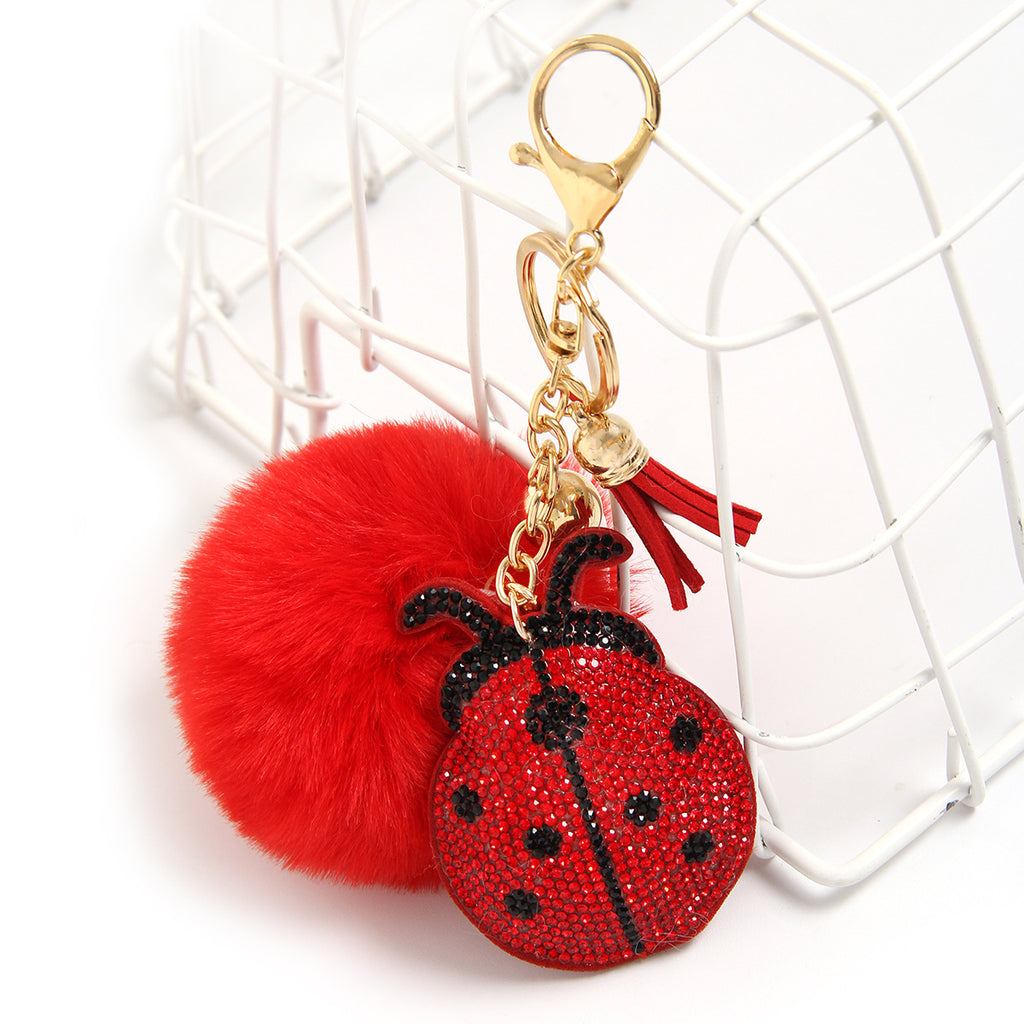 New Coccinella septempunctata rhinestone keychain pendant fashion plush ball luggage car rhinestone pendant small gift