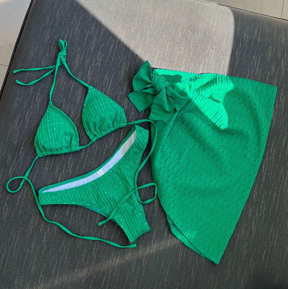 2025 European and American New Swimsuit Three-Piece Backless Drawstring Strap Bikini Bikini Three-Piece Swimsuit