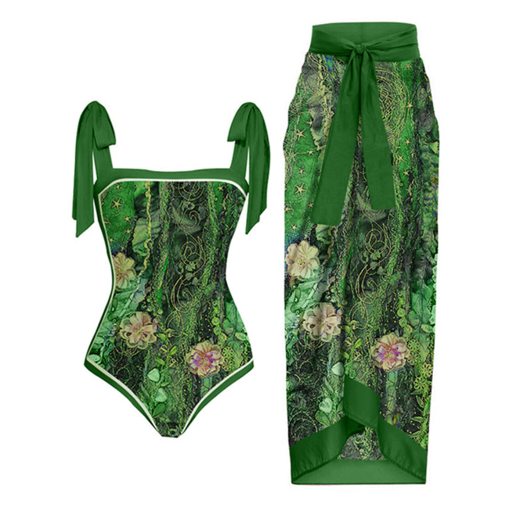 2023 Amazon New One-piece Swimsuit Multicolor Printed Hip Gauze Skirt Anti-glare Two-piece Sunscreen Swimsuit for Women