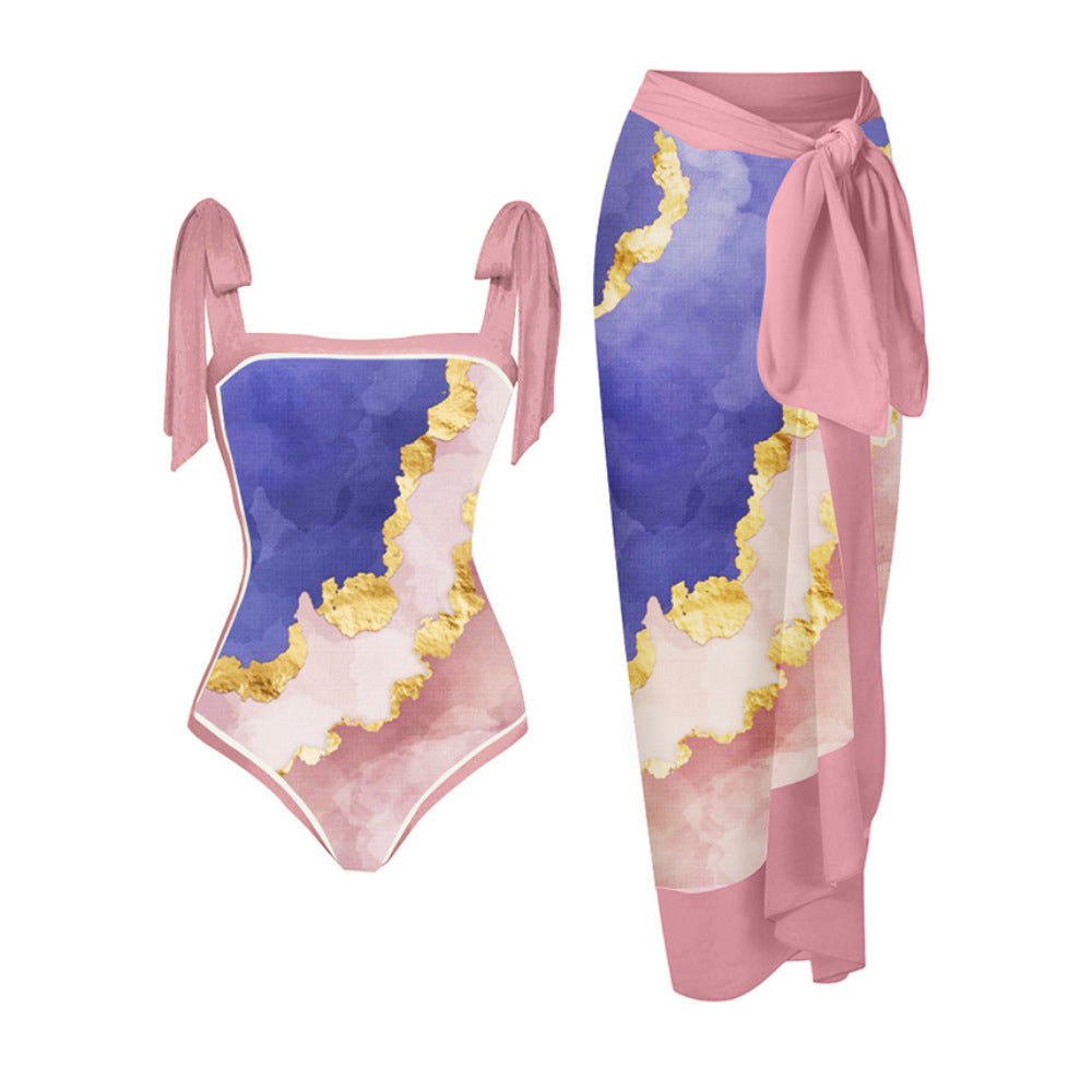 2023 Amazon New One-piece Swimsuit Multicolor Printed Hip Gauze Skirt Anti-glare Two-piece Sunscreen Swimsuit for Women