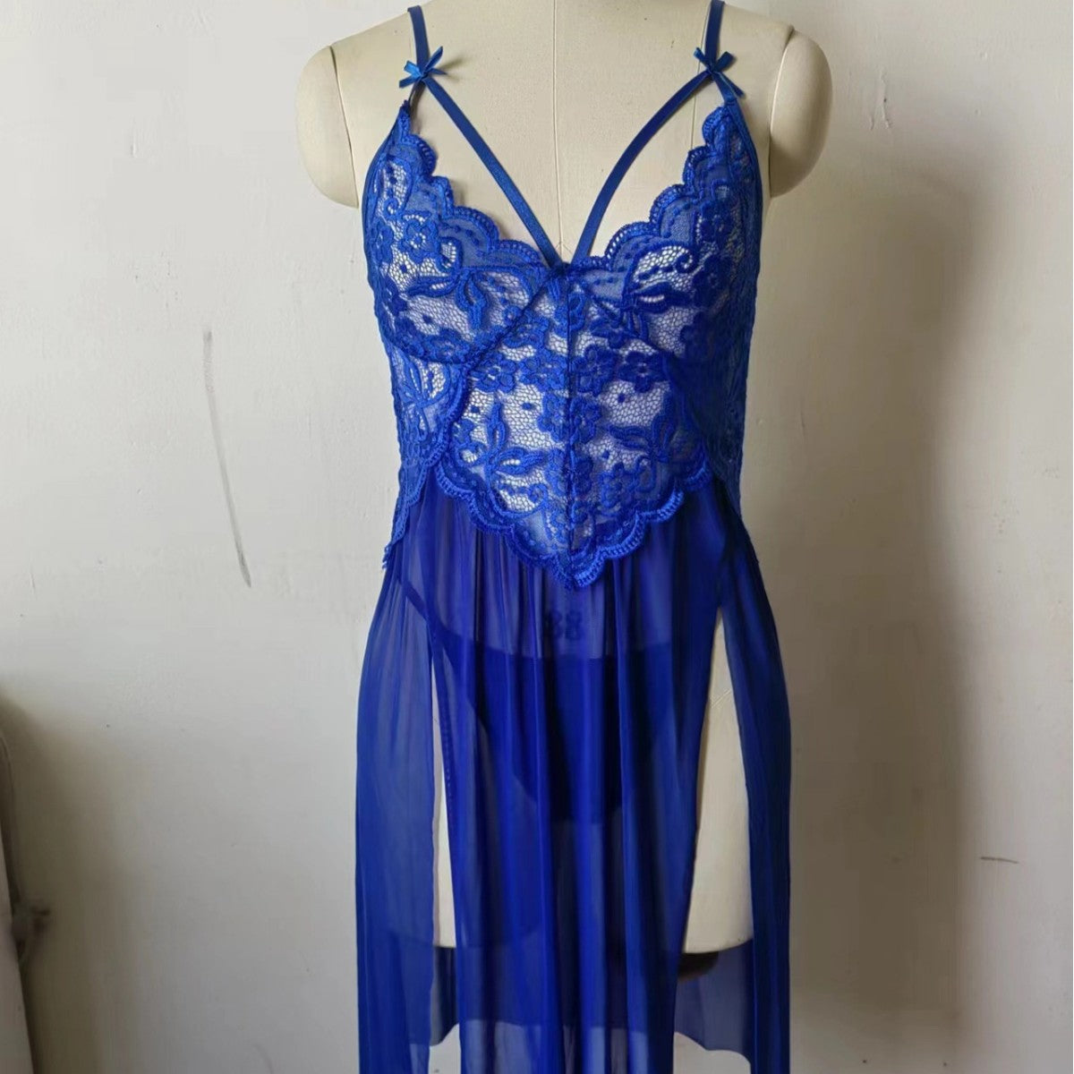 European and American Sexy Lingerie Wholesale Women's Sexy Lace Mesh Splicing Suspenders Slit Breast-Exposing Long Skirt Nightgown