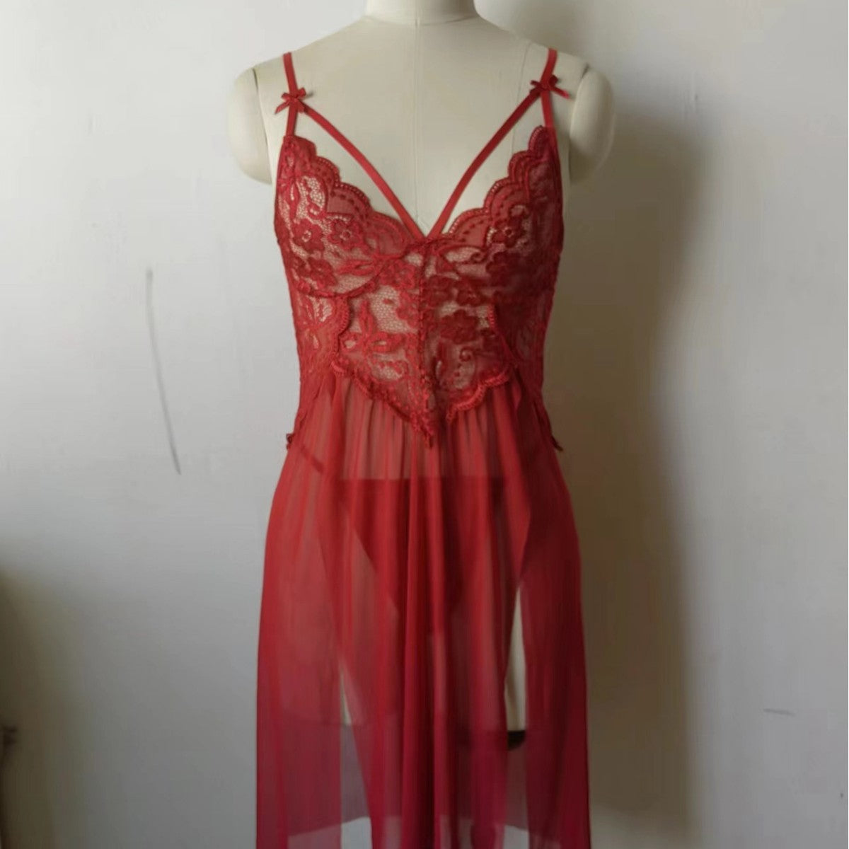 European and American Sexy Lingerie Wholesale Women's Sexy Lace Mesh Splicing Suspenders Slit Breast-Exposing Long Skirt Nightgown