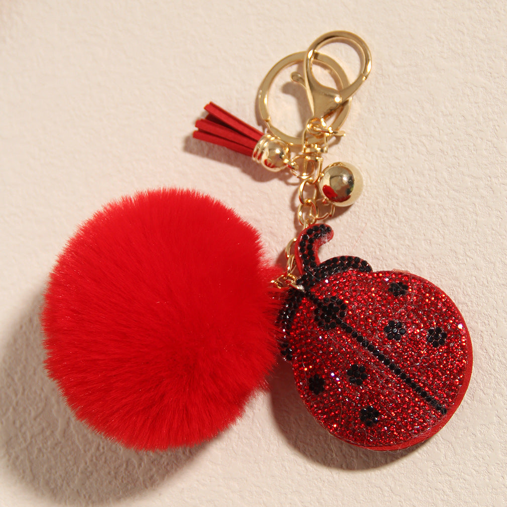 New Coccinella septempunctata rhinestone keychain pendant fashion plush ball luggage car rhinestone pendant small gift