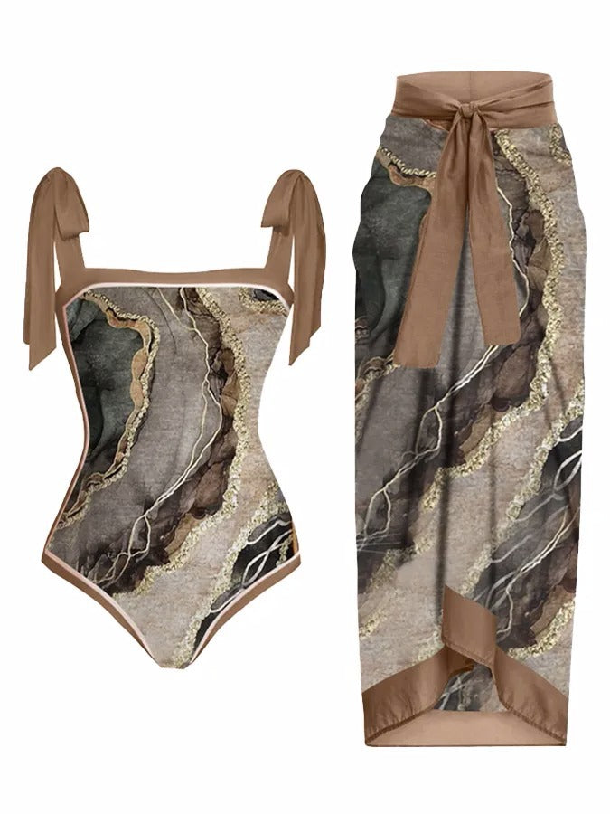 2023 Amazon New One-piece Swimsuit Multicolor Printed Hip Gauze Skirt Anti-glare Two-piece Sunscreen Swimsuit for Women