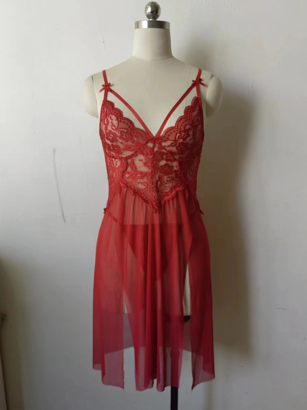 European and American Sexy Lingerie Wholesale Women's Sexy Lace Mesh Splicing Suspenders Slit Breast-Exposing Long Skirt Nightgown