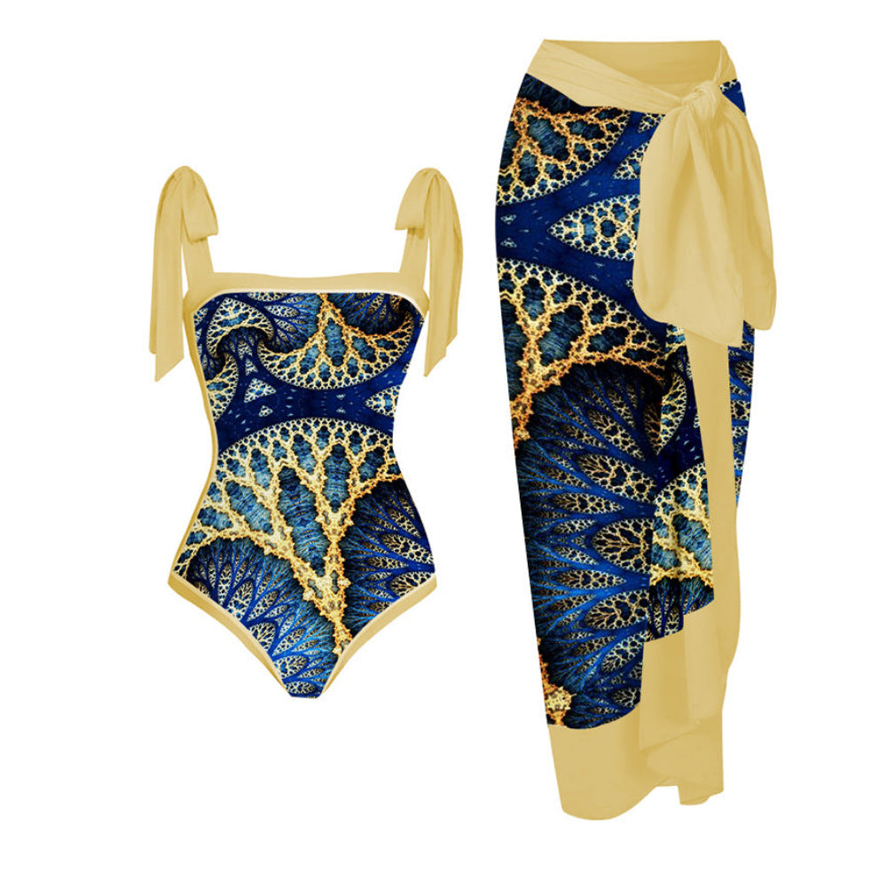 2023 Amazon New One-piece Swimsuit Multicolor Printed Hip Gauze Skirt Anti-glare Two-piece Sunscreen Swimsuit for Women