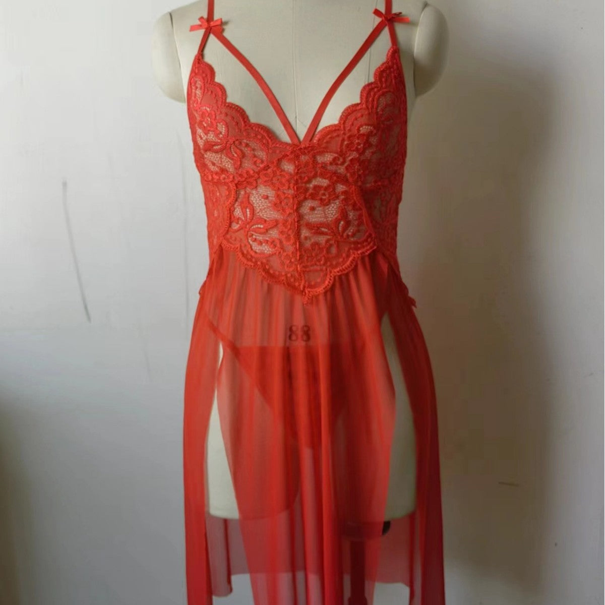 European and American Sexy Lingerie Wholesale Women's Sexy Lace Mesh Splicing Suspenders Slit Breast-Exposing Long Skirt Nightgown