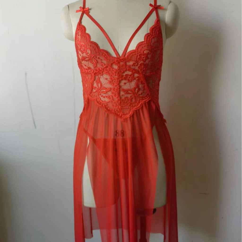 European and American Sexy Lingerie Wholesale Women's Sexy Lace Mesh Splicing Suspenders Slit Breast-Exposing Long Skirt Nightgown