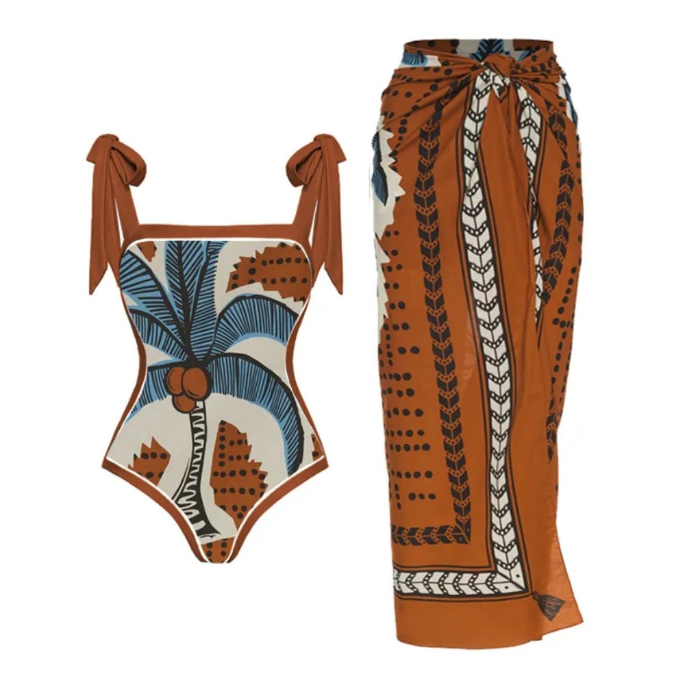 2023 Amazon New One-piece Swimsuit Multicolor Printed Hip Gauze Skirt Anti-glare Two-piece Sunscreen Swimsuit for Women
