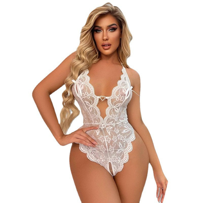 Plus size European and American Foreign trade sexy lingerie new lace perspective-free open crotch jumpsuit sexy hot girl pajamas