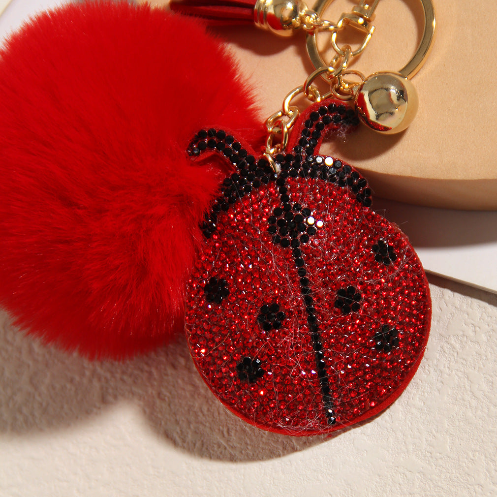 New Coccinella septempunctata rhinestone keychain pendant fashion plush ball luggage car rhinestone pendant small gift