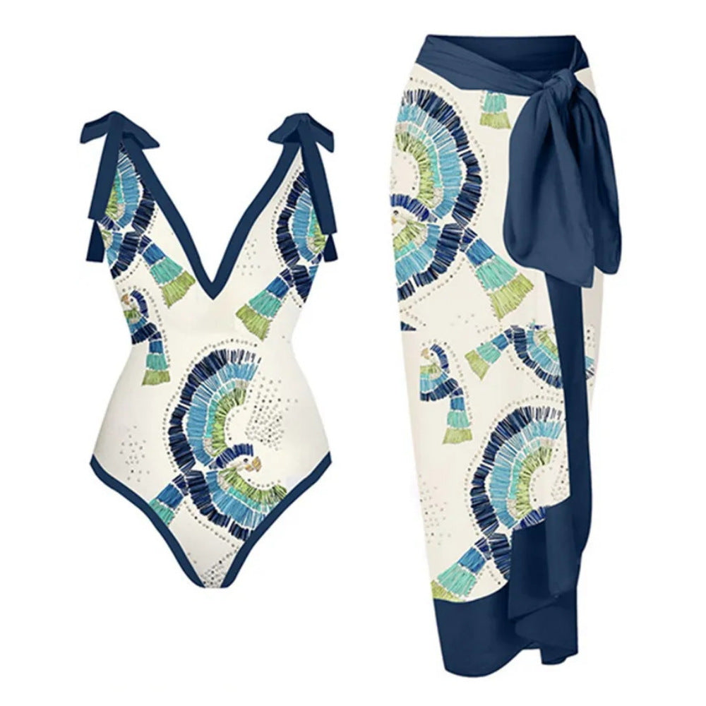 2023 Amazon New One-piece Swimsuit Multicolor Printed Hip Gauze Skirt Anti-glare Two-piece Sunscreen Swimsuit for Women