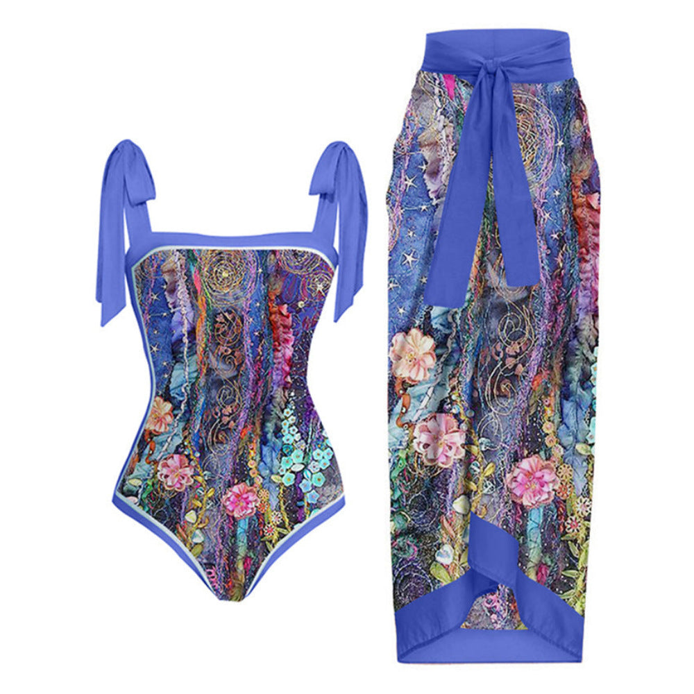 2023 Amazon New One-piece Swimsuit Multicolor Printed Hip Gauze Skirt Anti-glare Two-piece Sunscreen Swimsuit for Women