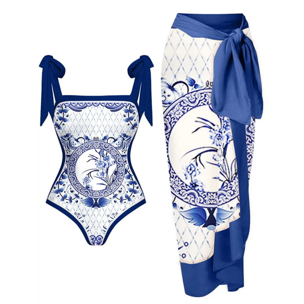 2023 Amazon New One-piece Swimsuit Multicolor Printed Hip Gauze Skirt Anti-glare Two-piece Sunscreen Swimsuit for Women