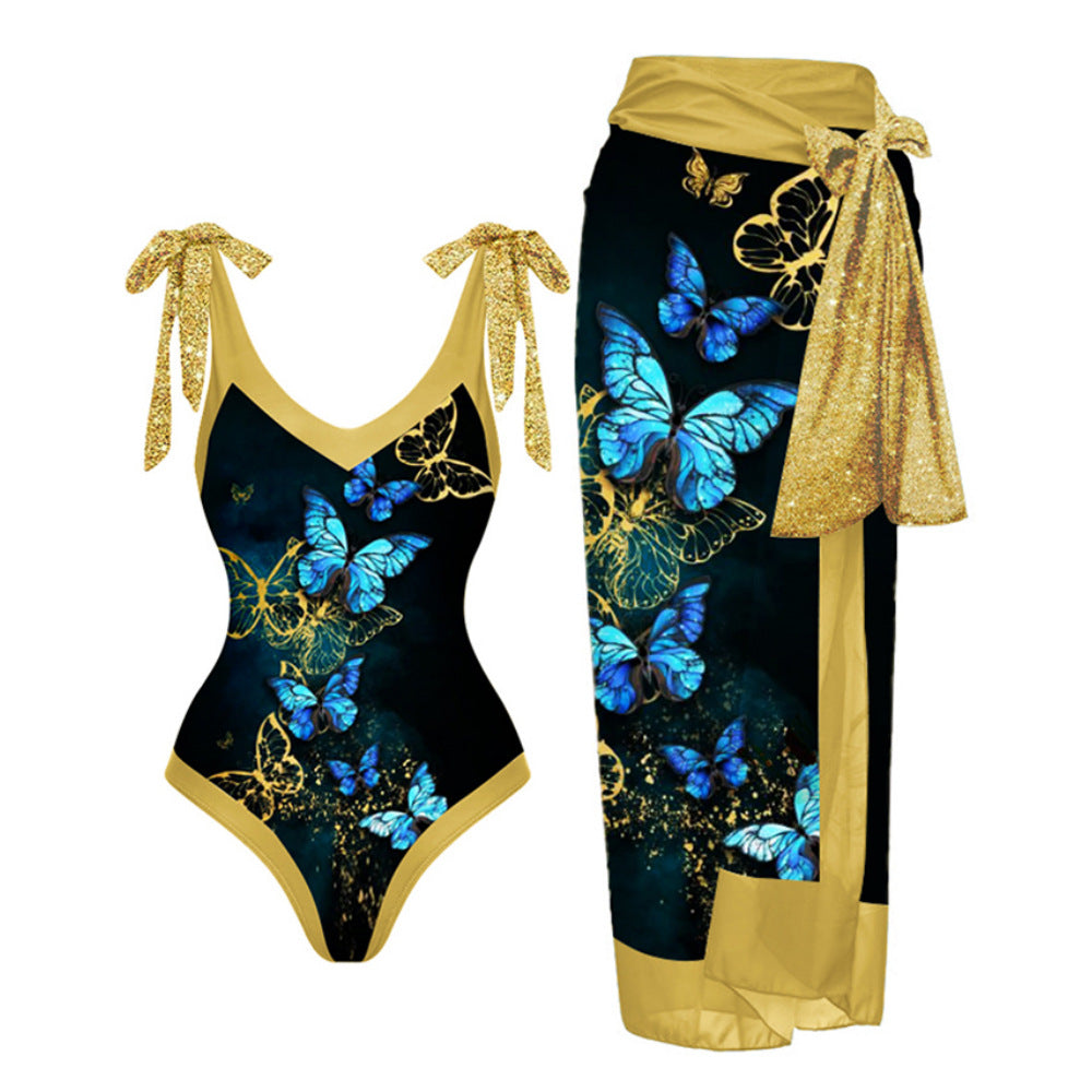 2023 Amazon New One-piece Swimsuit Multicolor Printed Hip Gauze Skirt Anti-glare Two-piece Sunscreen Swimsuit for Women