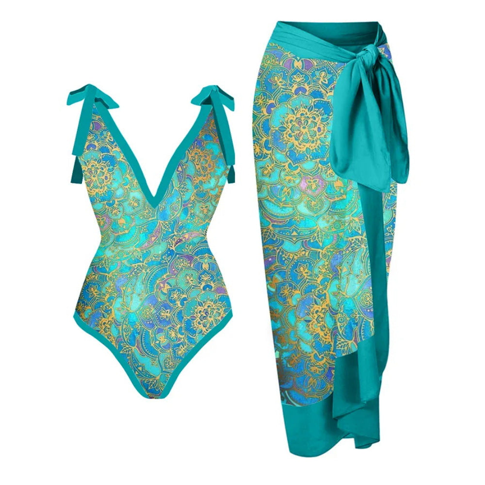 2023 Amazon New One-piece Swimsuit Multicolor Printed Hip Gauze Skirt Anti-glare Two-piece Sunscreen Swimsuit for Women