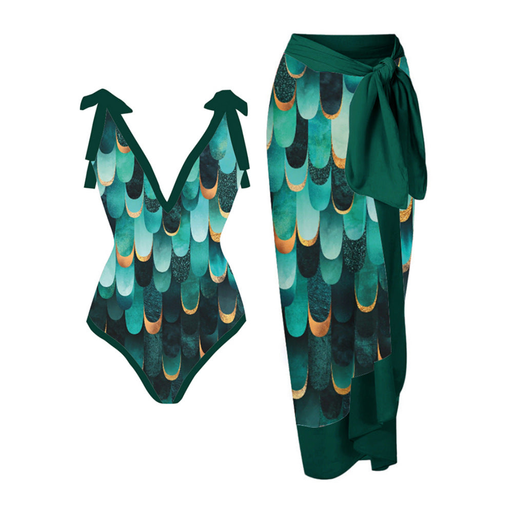 2023 Amazon New One-piece Swimsuit Multicolor Printed Hip Gauze Skirt Anti-glare Two-piece Sunscreen Swimsuit for Women