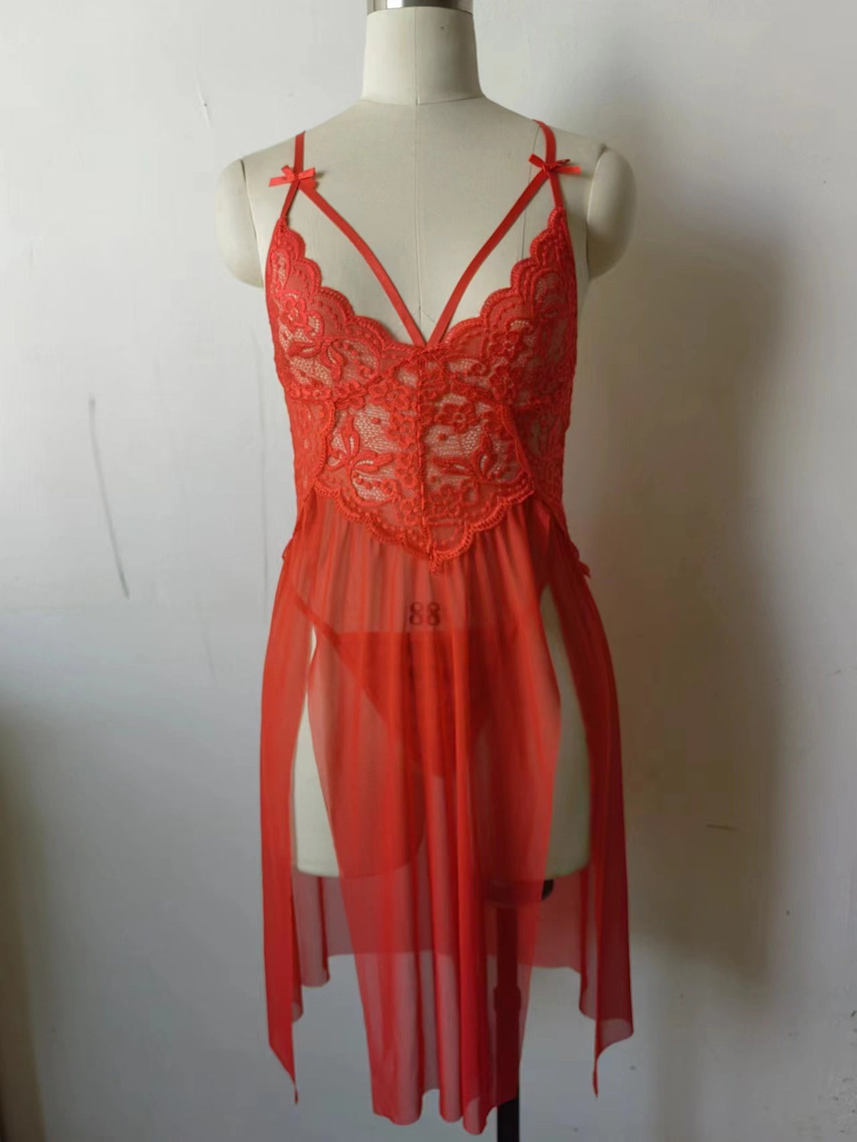 European and American Sexy Lingerie Wholesale Women's Sexy Lace Mesh Splicing Suspenders Slit Breast-Exposing Long Skirt Nightgown
