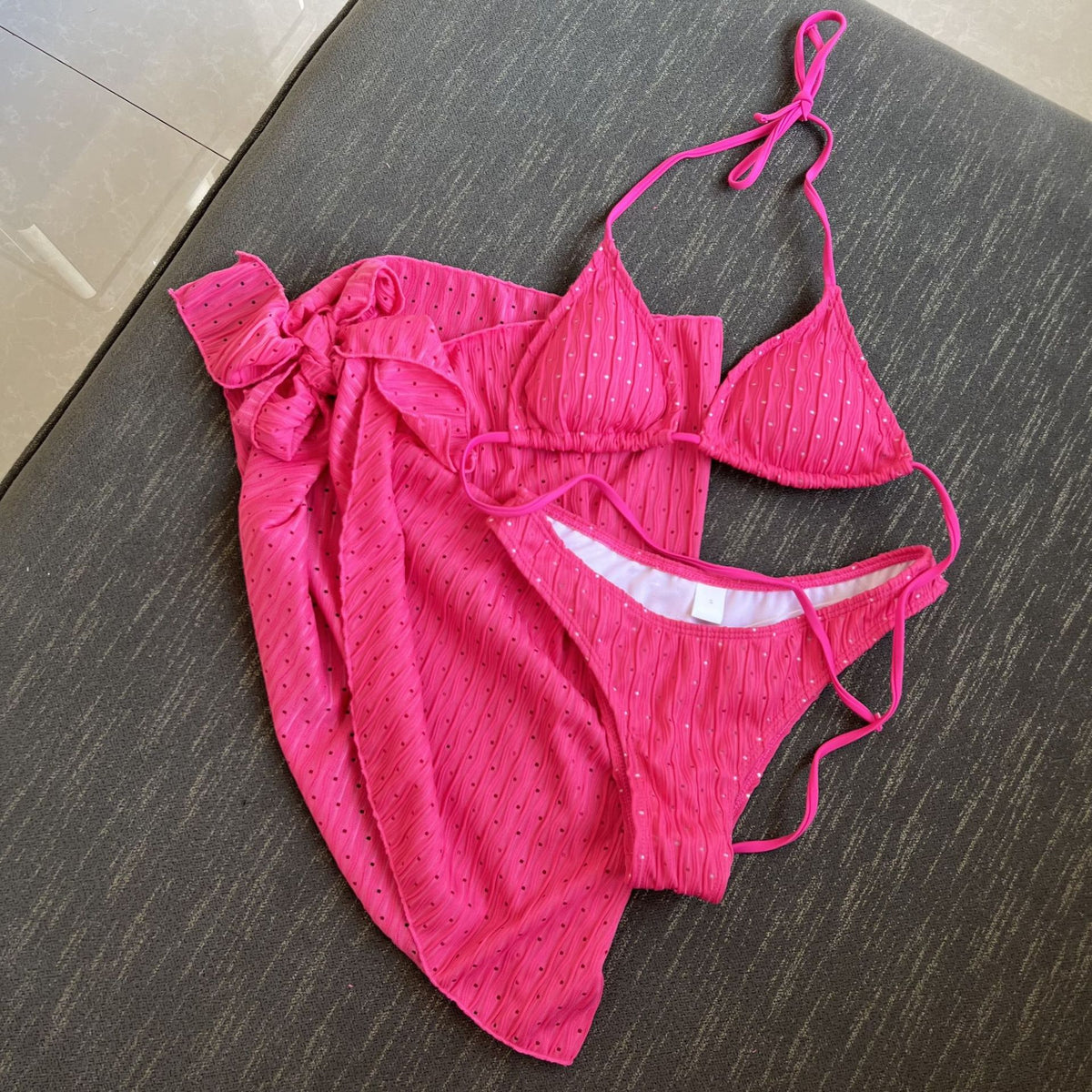 2025 European and American New Swimsuit Three-Piece Backless Drawstring Strap Bikini Bikini Three-Piece Swimsuit