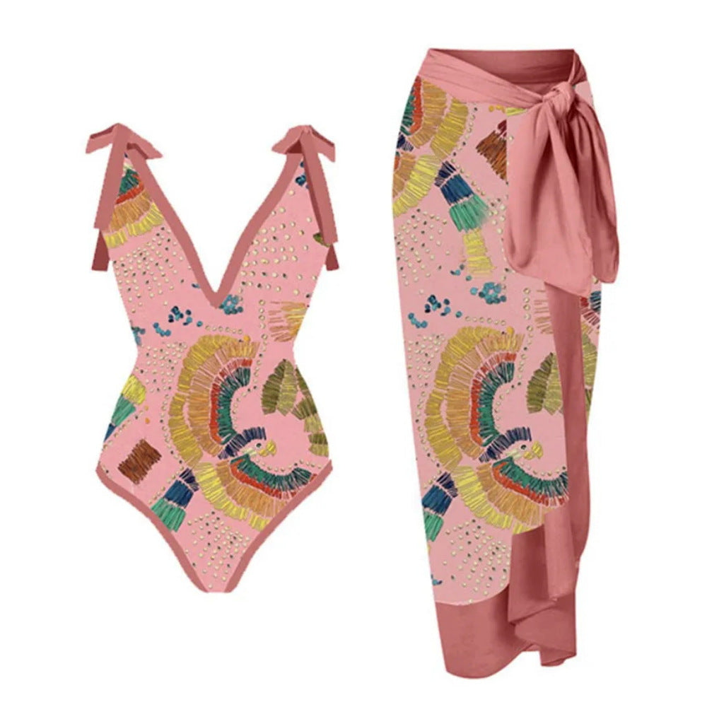 2023 Amazon New One-piece Swimsuit Multicolor Printed Hip Gauze Skirt Anti-glare Two-piece Sunscreen Swimsuit for Women