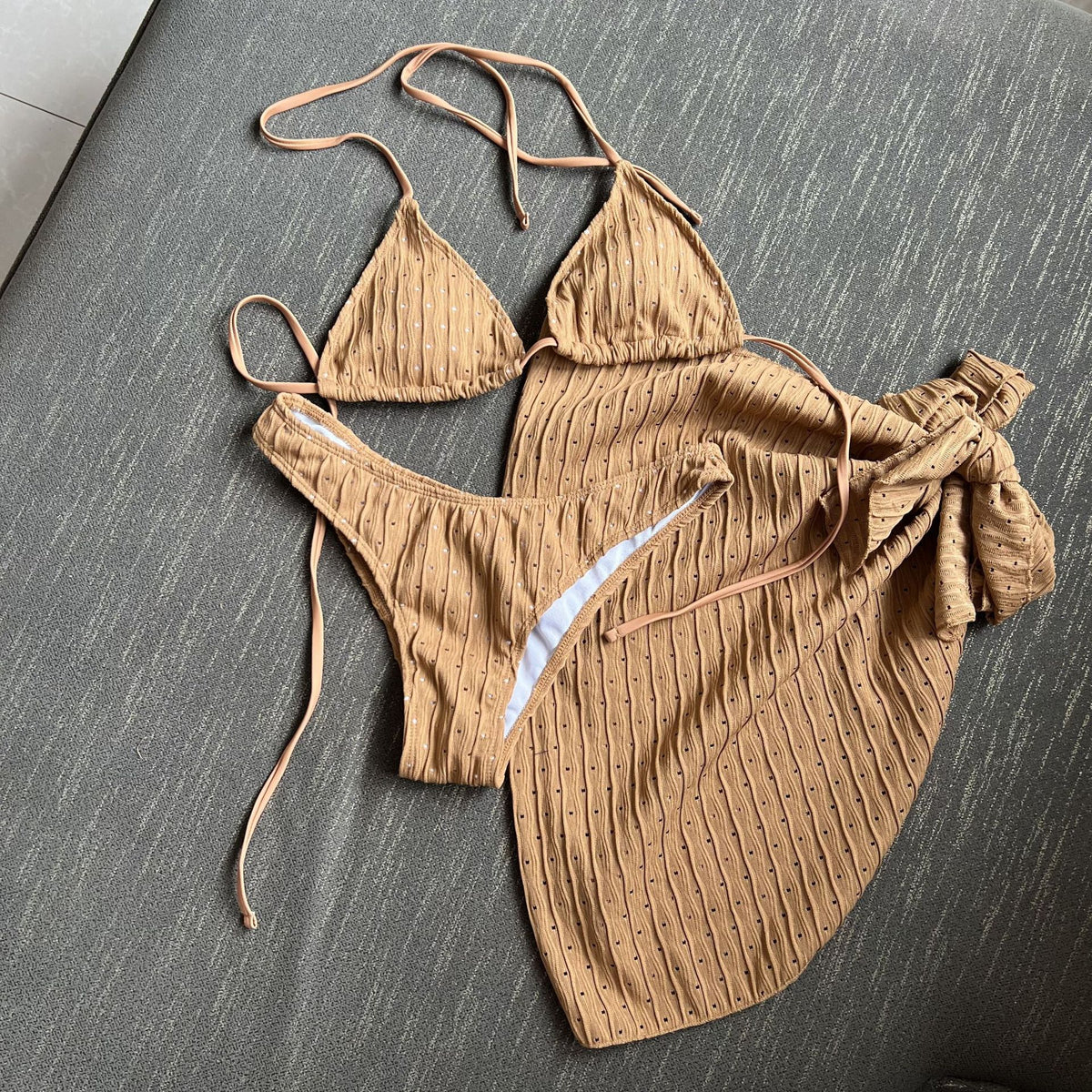 2025 European and American New Swimsuit Three-Piece Backless Drawstring Strap Bikini Bikini Three-Piece Swimsuit